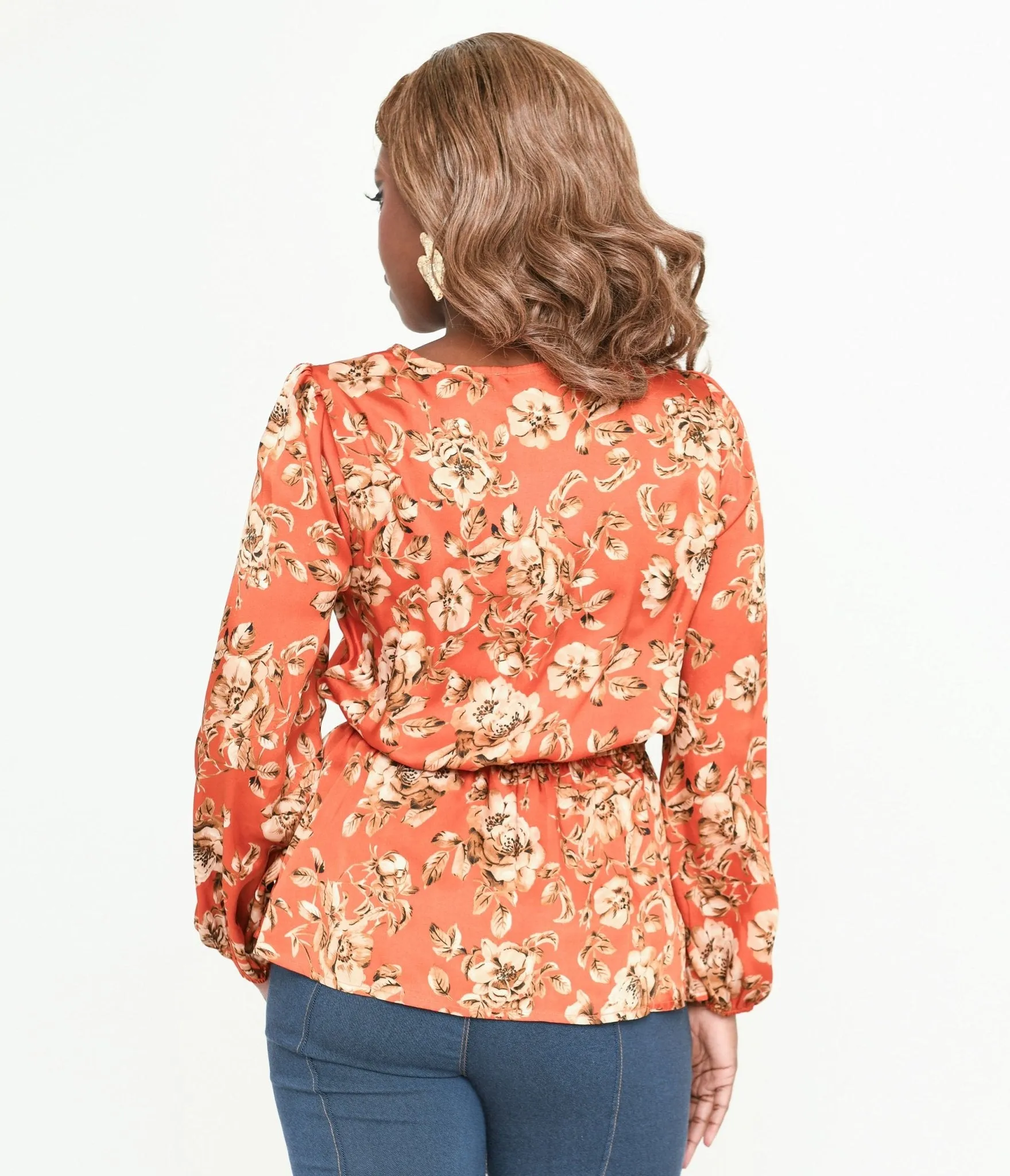 Burnt Orange Floral Satin Peplum Blouse sold by Unique Vintage product image thumbnail 3