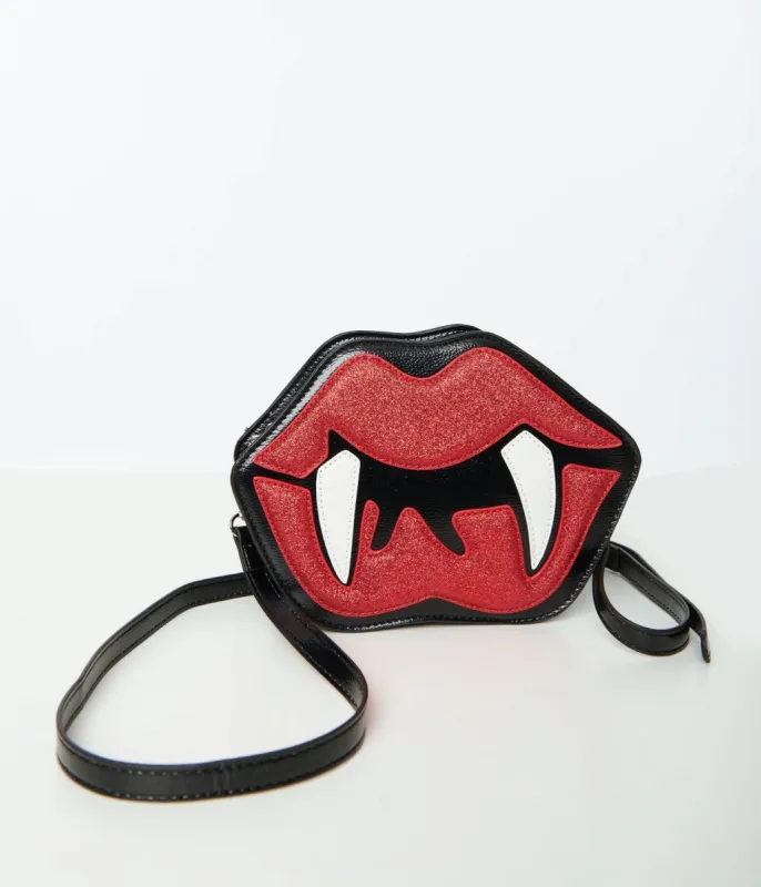 Black Patent Leatherette Glitter Vampire Mouth Crossbody Bag sold by Unique Vintage