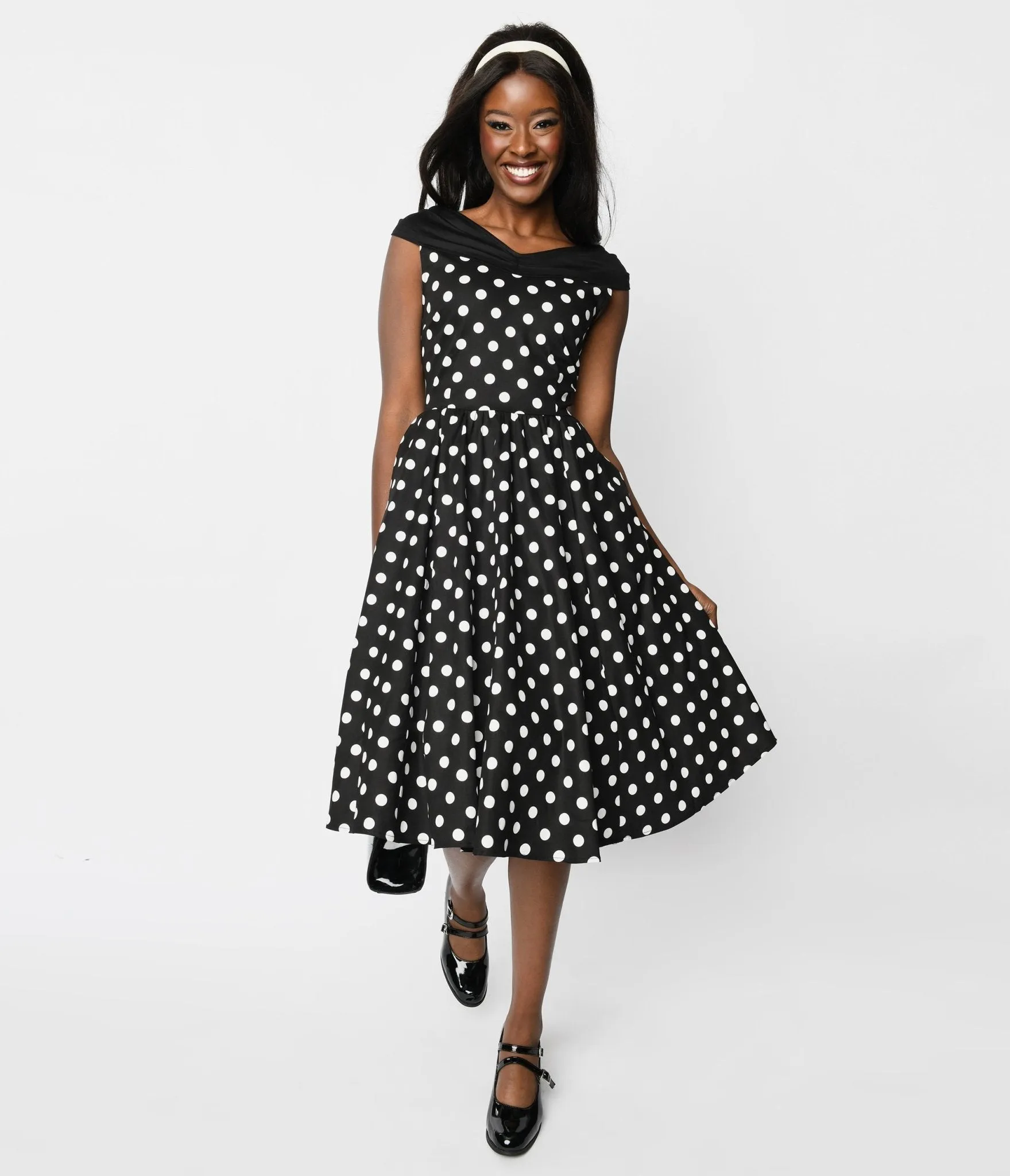Black & White Polka Dot Off The Shoulder Swing Dress sold by Unique Vintage product image thumbnail 3