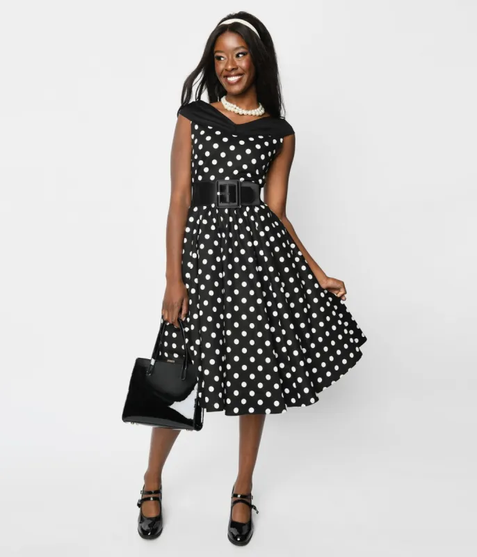 Black & White Polka Dot Off The Shoulder Swing Dress made by Unique Vintage