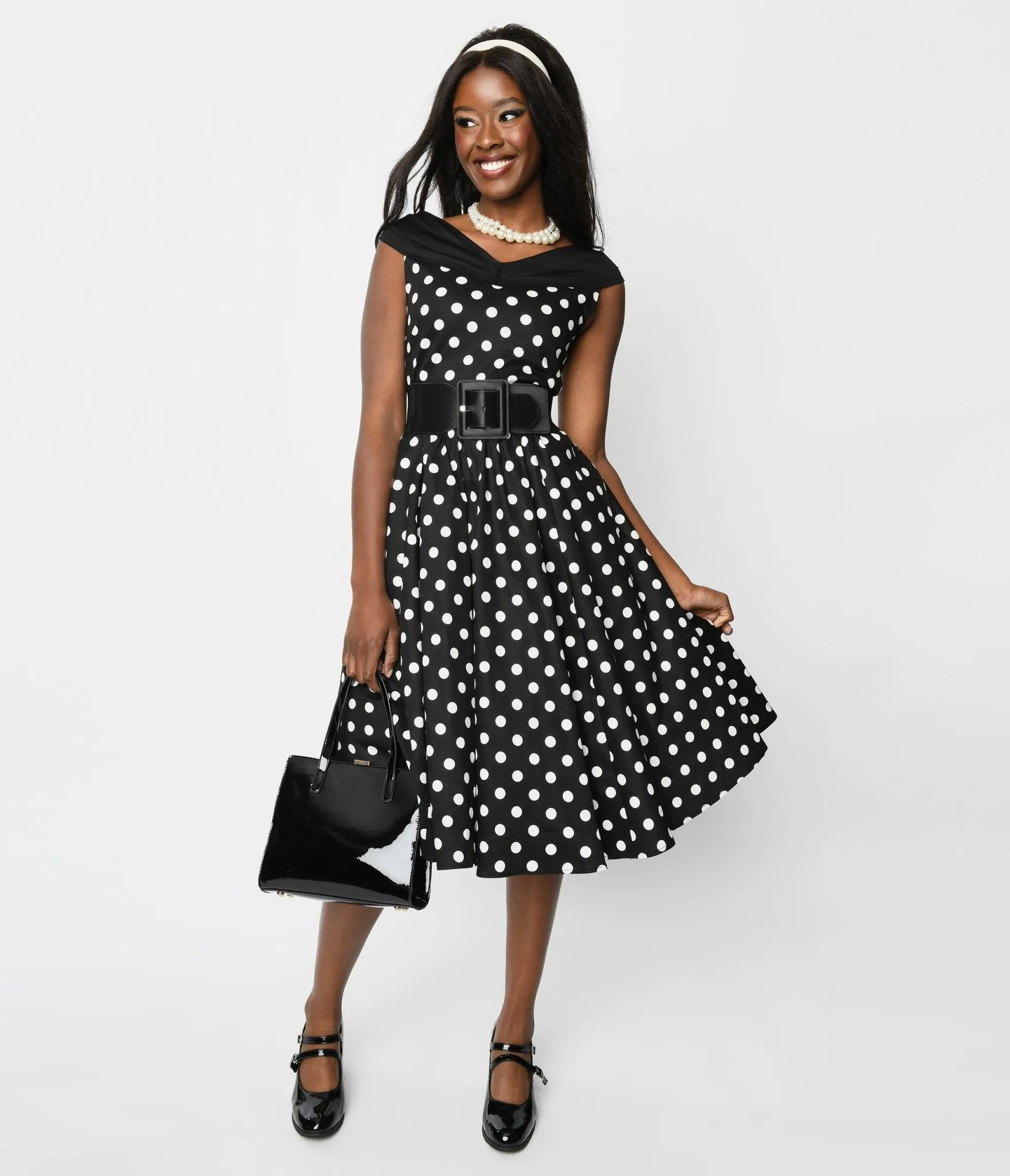 Black & White Polka Dot Off The Shoulder Swing Dress sold by Unique Vintage