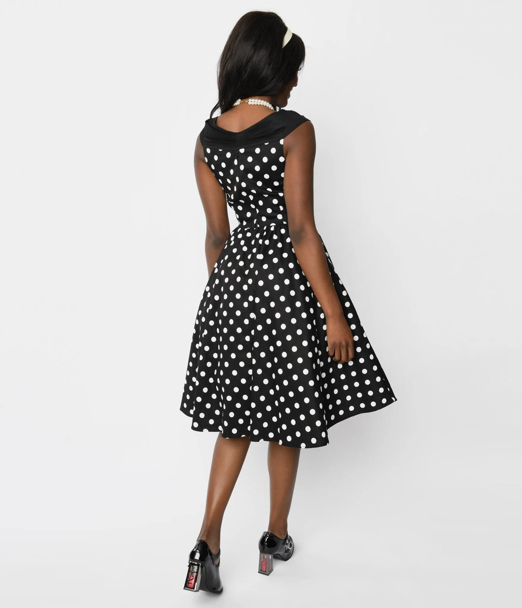 Black & White Polka Dot Off The Shoulder Swing Dress sold by Unique Vintage product image thumbnail 2