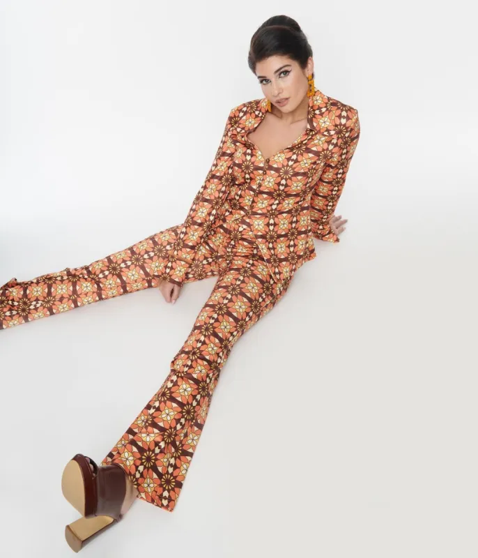 Unique Vintage 1970s Orange & Brown Mosaic Flare Pants sold by Unique Vintage
