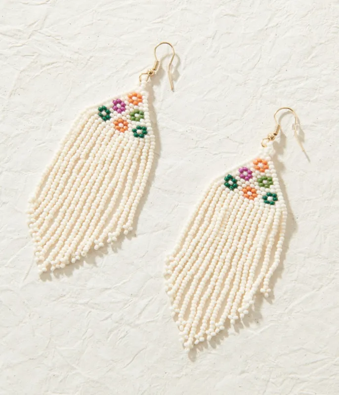 Ivory Floral Seed Triangular Beaded Fringe Drop Earrings sold by Unique Vintage