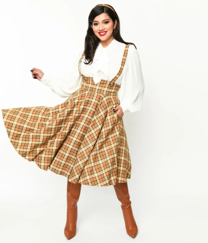 Voodoo Vixen Beige & Cream Plaid Suspender Swing Skirt sold by Unique Vintage