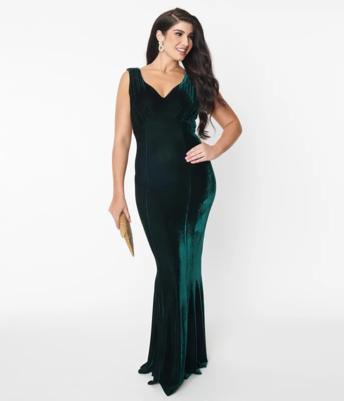 Unique Vintage 1930s Emerald Green Velvet Goldwyn Gown sold by Unique Vintage