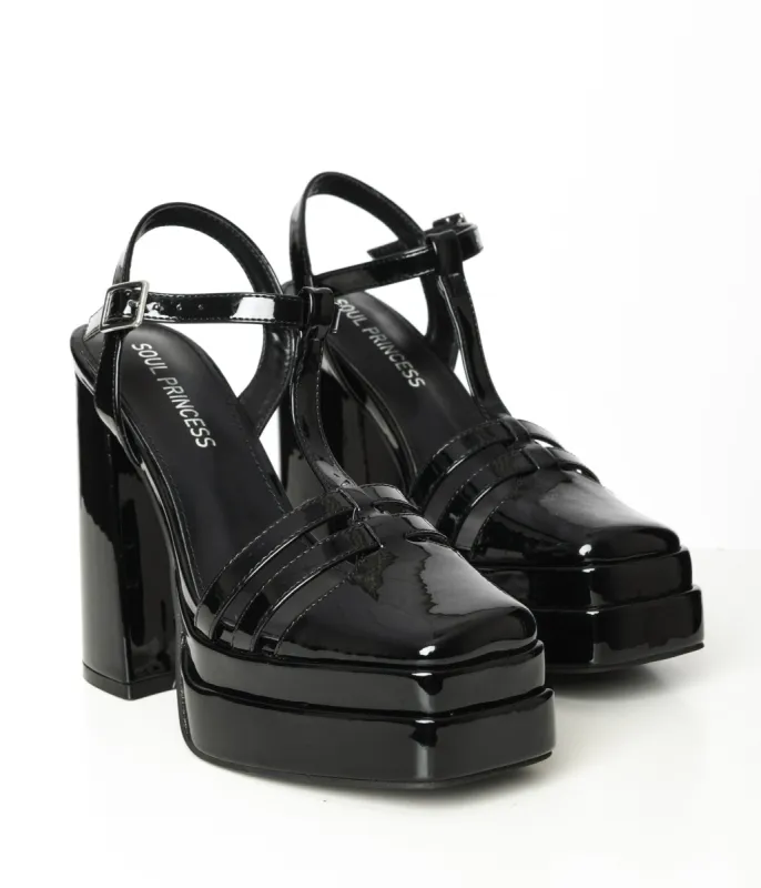 Black Patent Leatherette Wendy Platform Heels sold by Unique Vintage