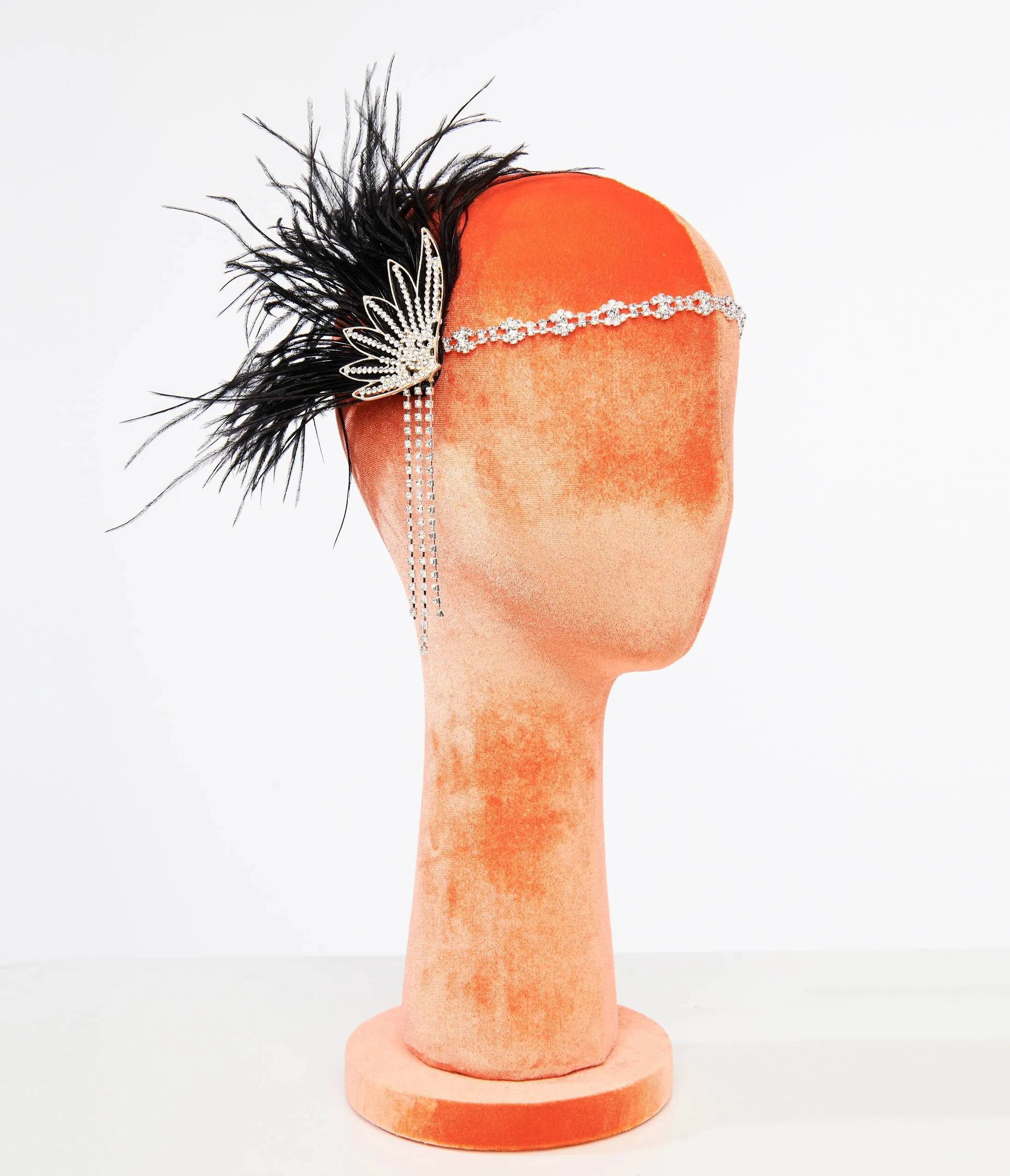 Unique Vintage 1920s White Rhinestone & Black Feather Flapper Headband sold by Unique Vintage