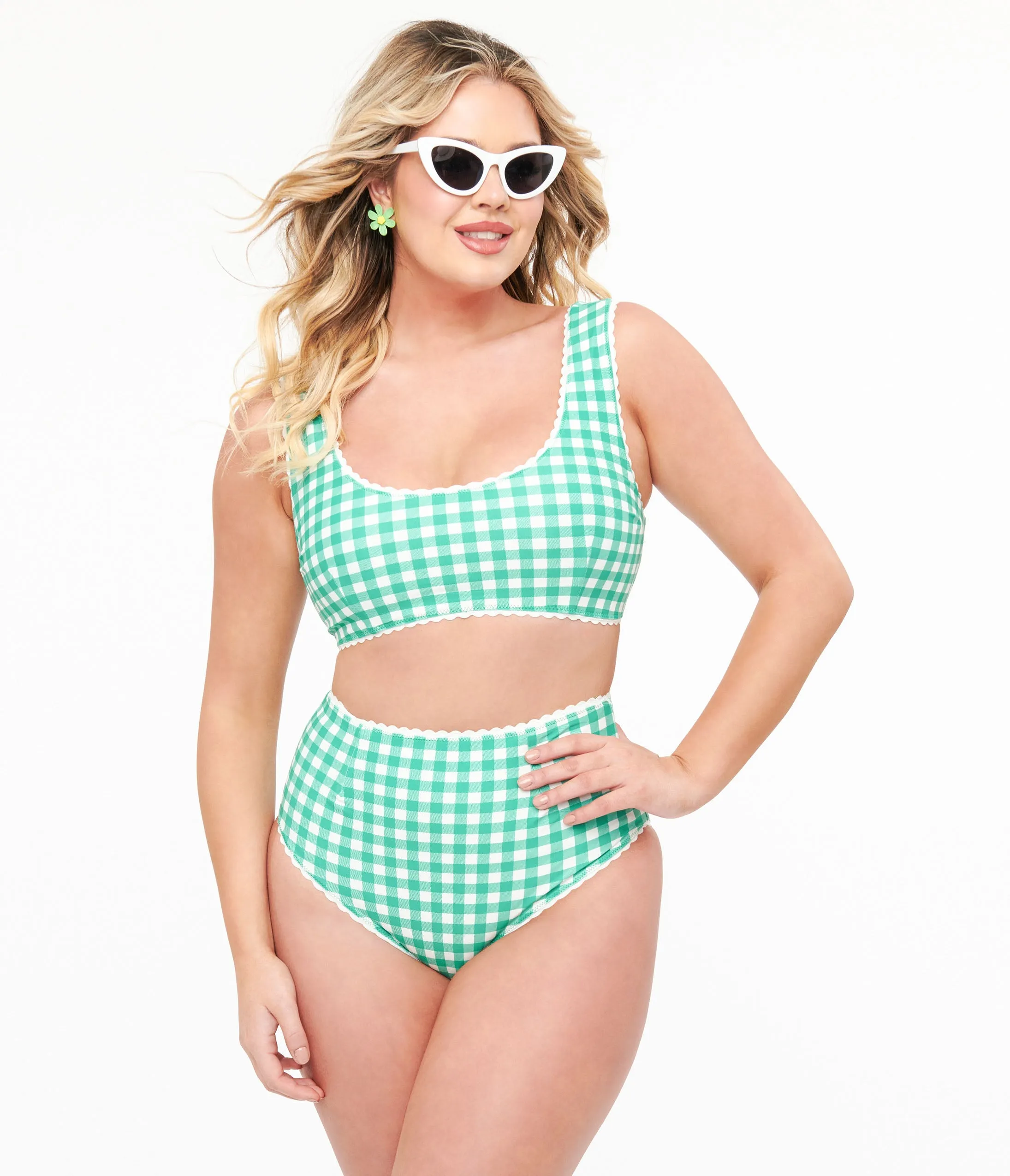 Green & White Gingham Bikini Top sold by Unique Vintage
