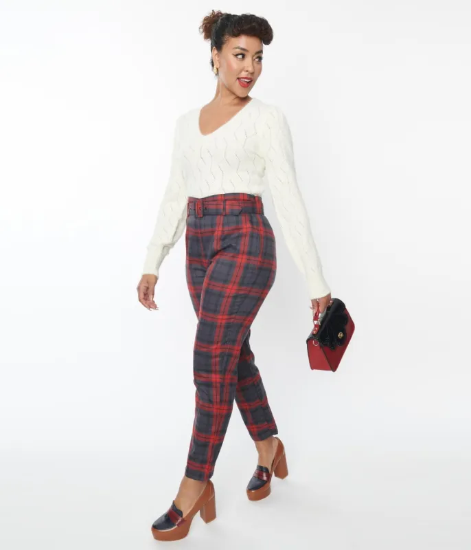 Collectif Burgundy Plaid Thea Pants sold by Unique Vintage