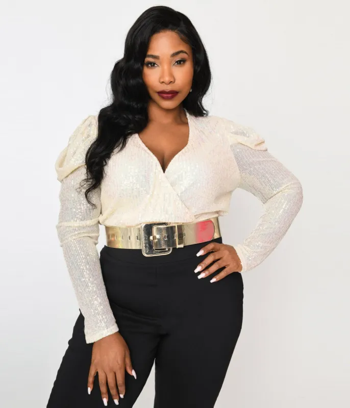 Plus Size Cream Sequin Long Sleeve Bodysuit sold by Unique Vintage