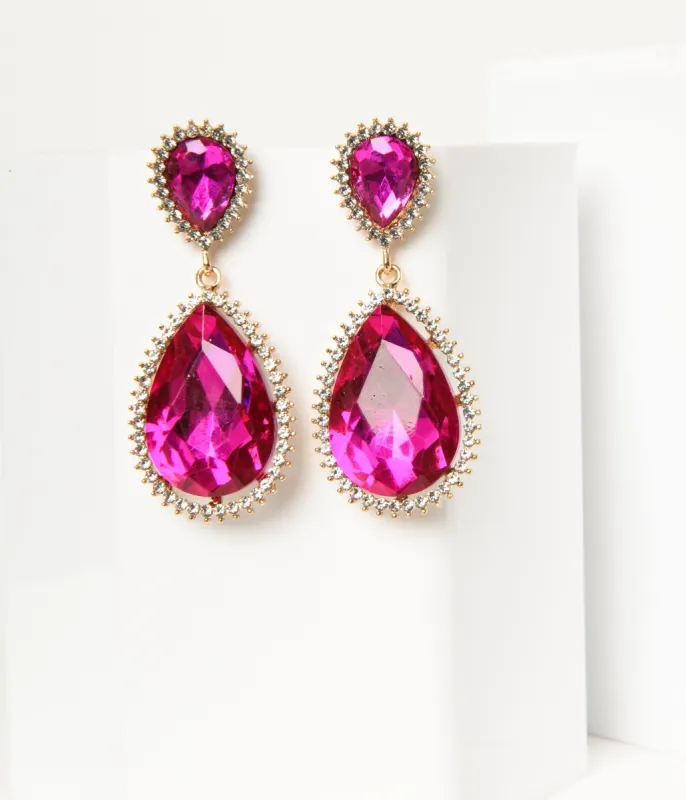 Fuchsia Rhinestone Dangle Earrings sold by Unique Vintage