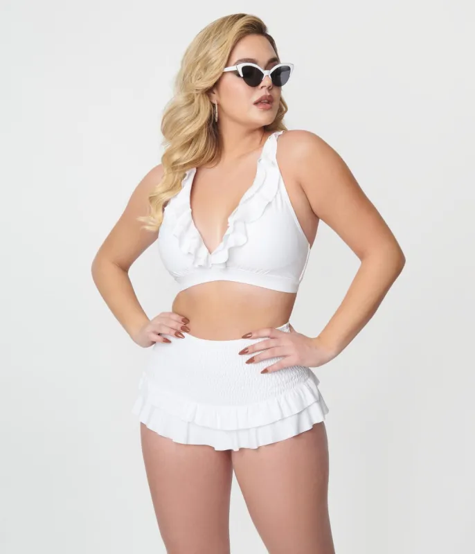 Unique Vintage White Shirred Skirt Swim Bottom sold by Unique Vintage