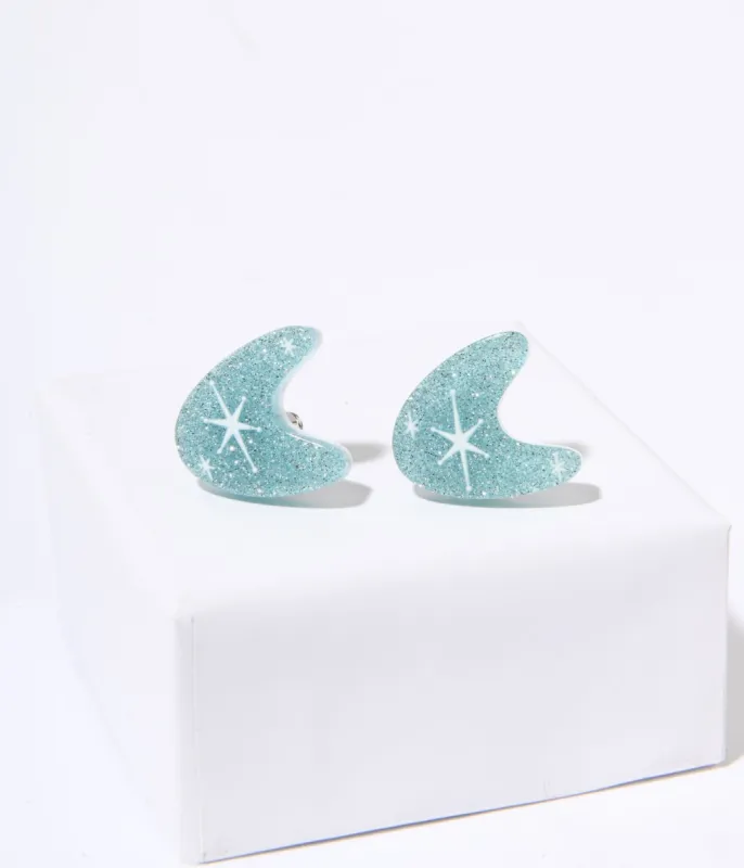 Blue Glitter Atomic Boomerang Stud Earrings made by Unique Vintage