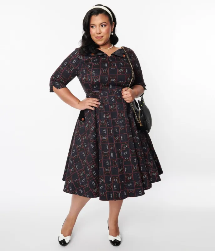 Black Kitty Cat Checkered Swing Dress sold by Unique Vintage