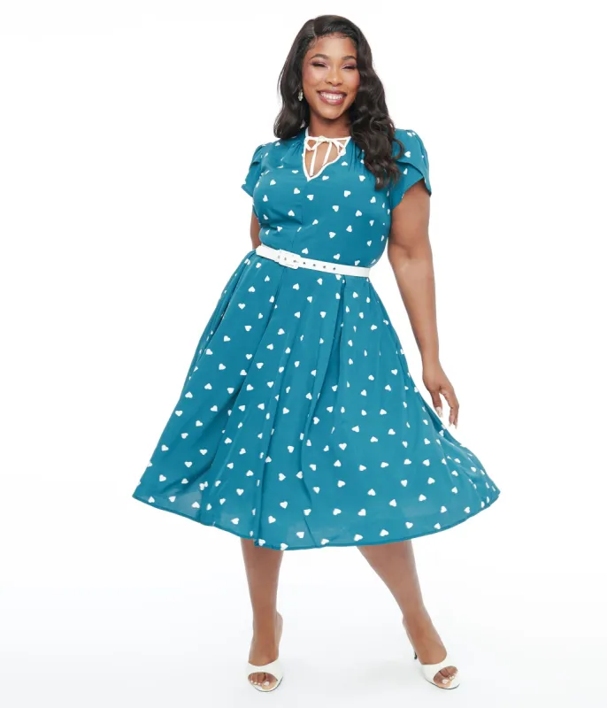 Unique Vintage Plus Size 1940s Teal & White Heart Dahlia Swing Dress sold by Unique Vintage