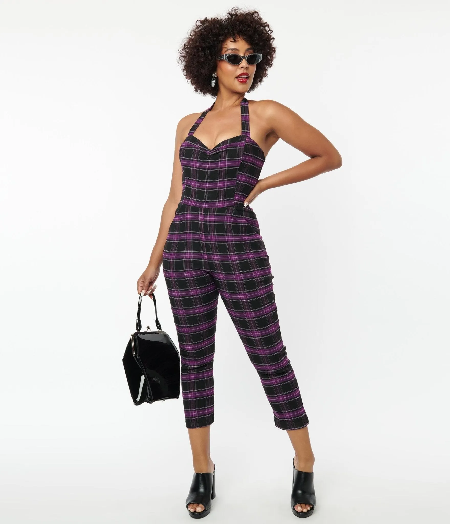 Unique Vintage 1970s Purple & Black Plaid Marcel Jumpsuit sold by Unique Vintage