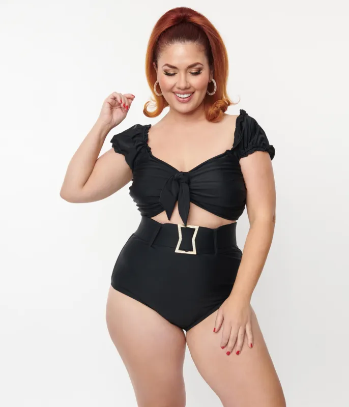 Unique Vintage Plus Size Black High Waist Belted Swim Bottom sold by Unique Vintage
