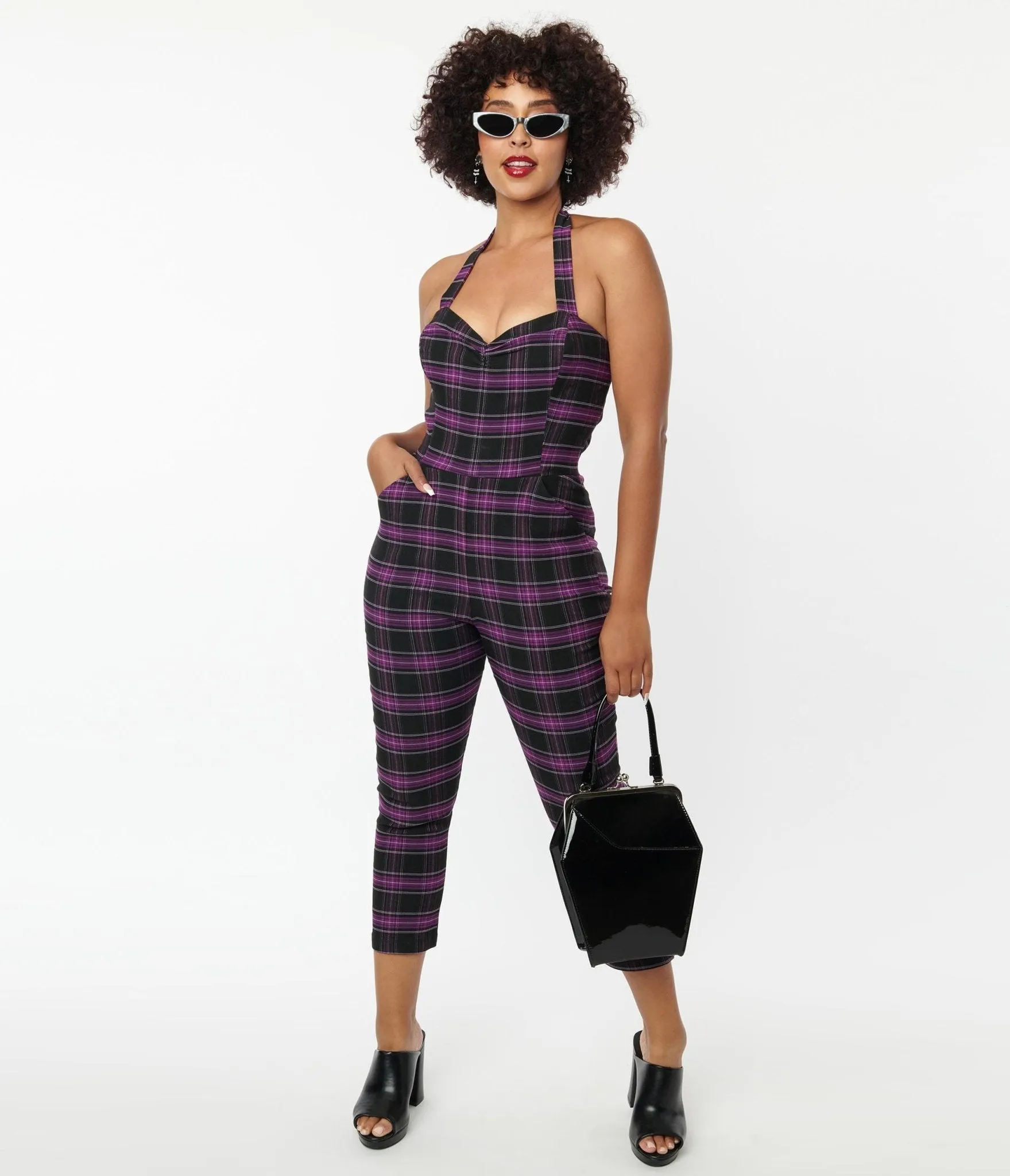 Unique Vintage 1970s Purple & Black Plaid Marcel Jumpsuit sold by Unique Vintage product image thumbnail 5
