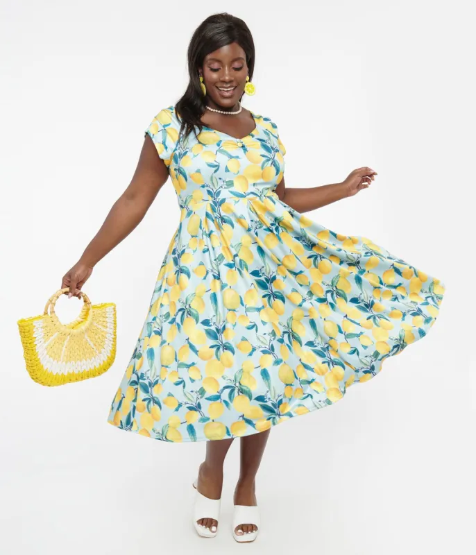 Dolly & Dotty 1950s Blue & Yellow Lemon Off The Shoulder Lily Swing Dress made by Unique Vintage