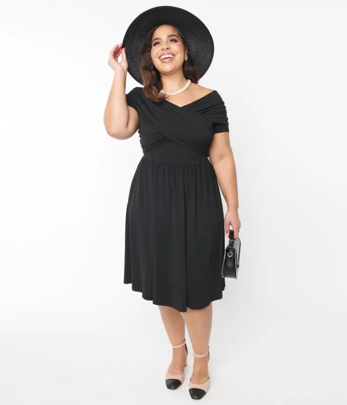 Unique Vintage Plus Size Black Shirred Swing Dress sold by Unique Vintage