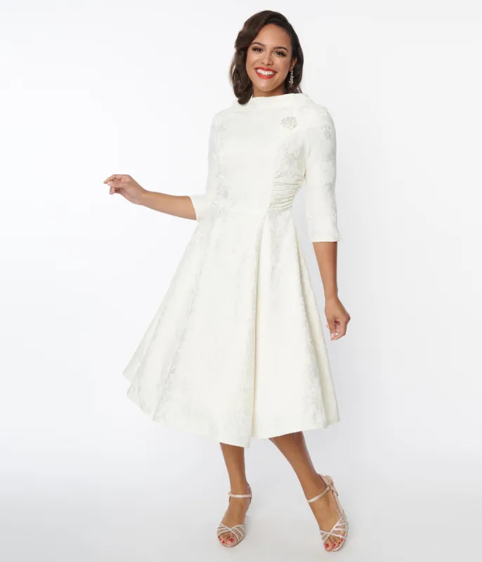 Unique Vintage Ivory Brocade Bridal Swing Dress made by Unique Vintage