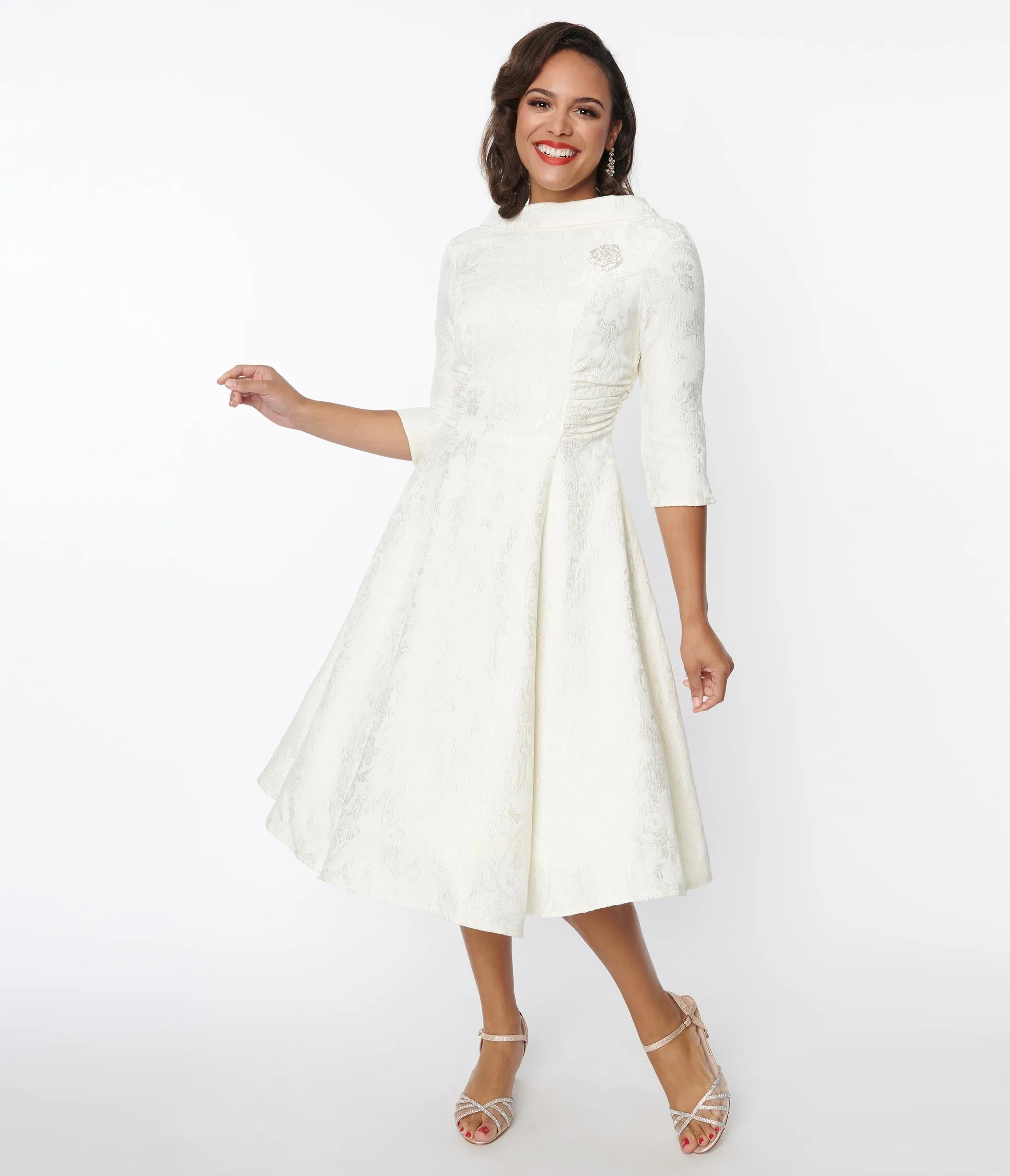 Unique Vintage Ivory Brocade Bridal Swing Dress sold by Unique Vintage