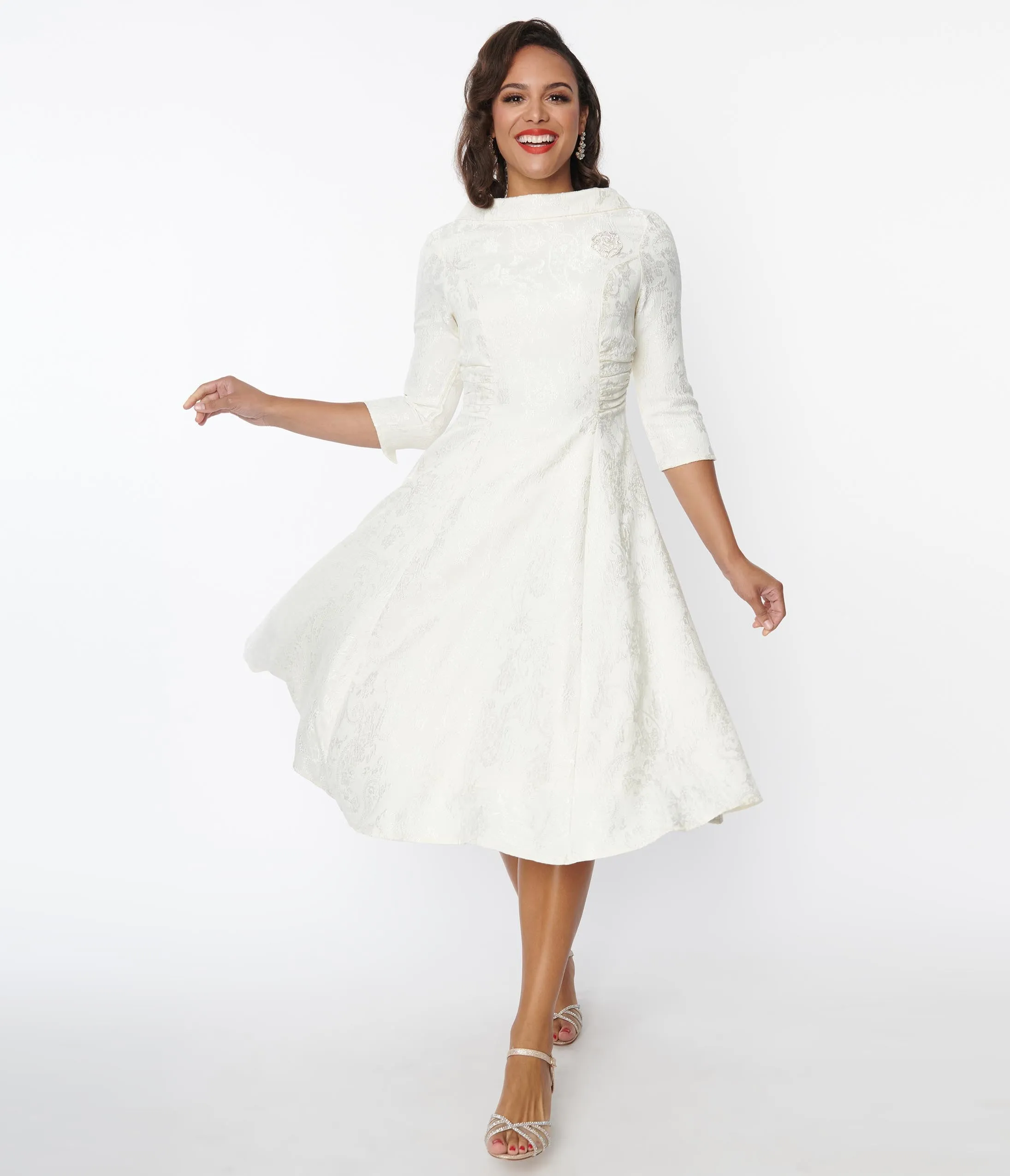 Unique Vintage Ivory Brocade Bridal Swing Dress sold by Unique Vintage product image thumbnail 5