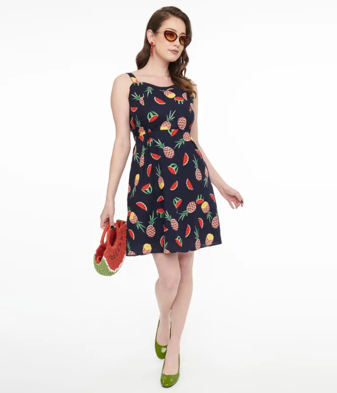 1950s Navy Fruit Print Fit & Flare Dress sold by Unique Vintage