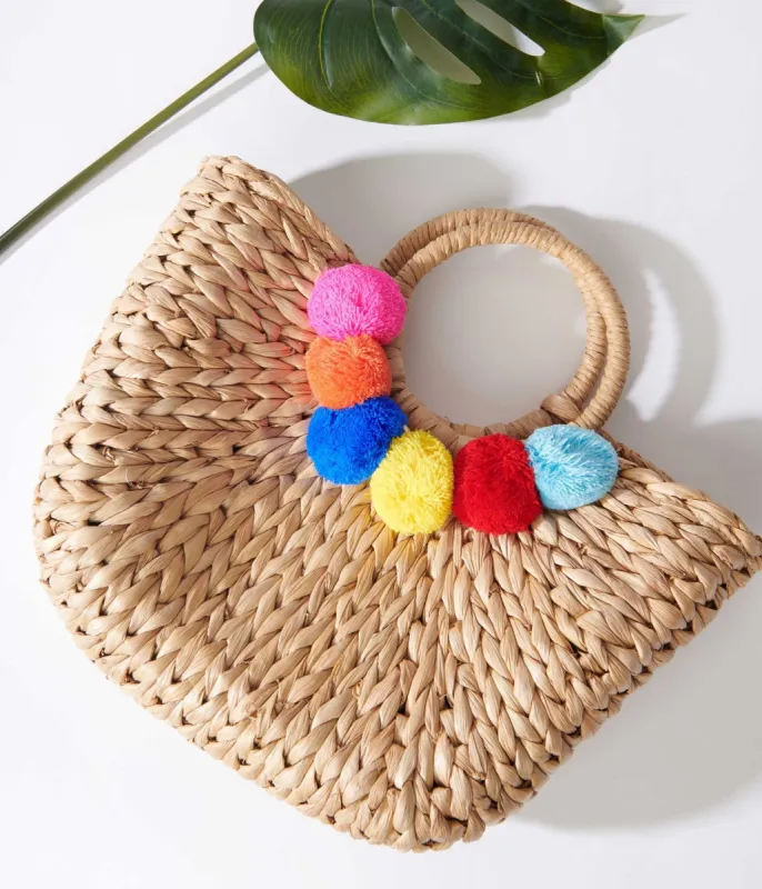Tan Pom Pom Woven Bag sold by Unique Vintage