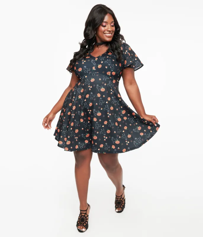 Unique Vintage Plus Size 1950s Black Spooky Cats & Pumpkins Poppy Flare Dress sold by Unique Vintage