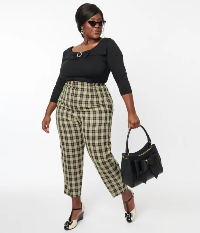 Unique Vintage Plus Size 1930s Cream & Black Plaid Front Pleat Pants sold by Unique Vintage