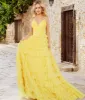 Jovani Yellow Ruffle Tiered Tulle Prom Dress sold by Unique Vintage
