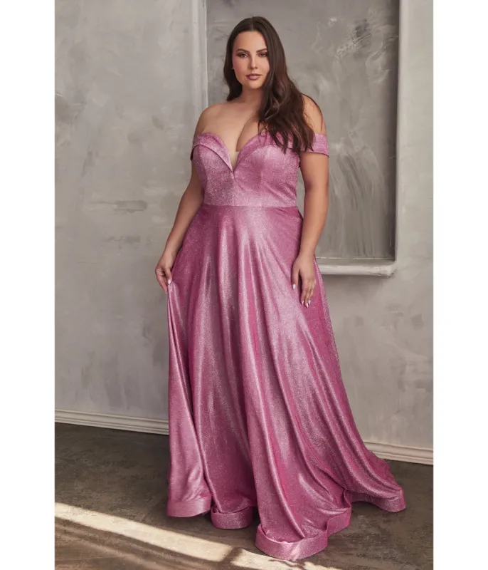 Ladivine by Cinderella Divine Plus Size Metallic Rose Off The Shoulder Bridesmaid Gown sold by Unique Vintage