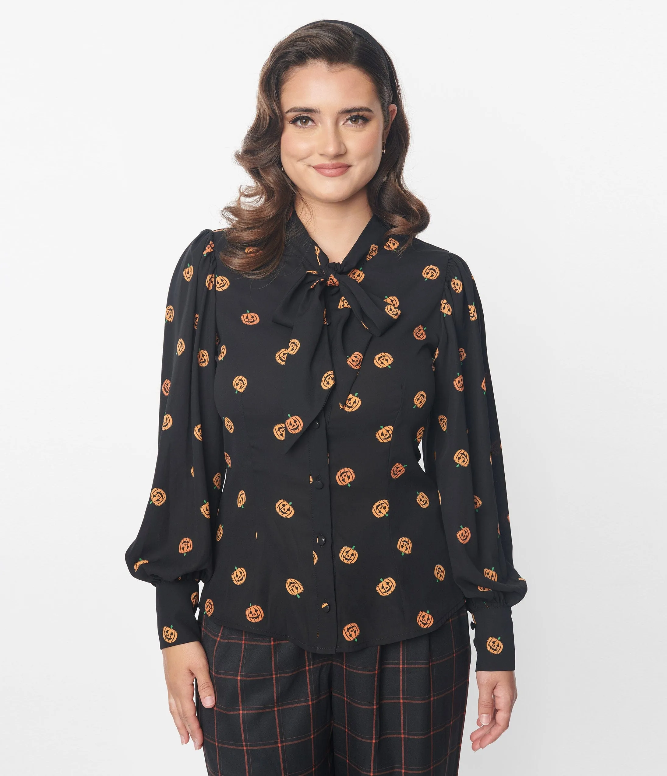 Unique Vintage 1950s Black & Pumpkin Print Gwen Blouse sold by Unique Vintage product image thumbnail 3