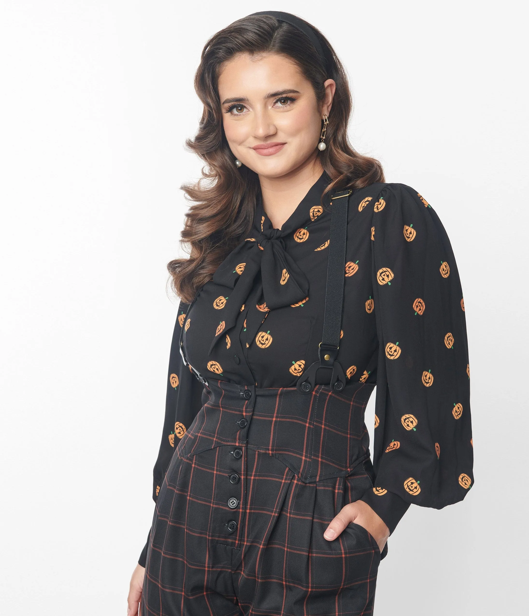 Unique Vintage 1950s Black & Pumpkin Print Gwen Blouse sold by Unique Vintage