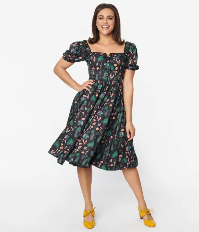 Unique Vintage 1940s Black Woodland Creature Button Front Dress sold by Unique Vintage