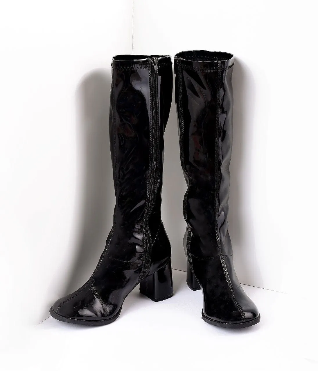 Black Patent Knee High Go Go Boots sold by Unique Vintage