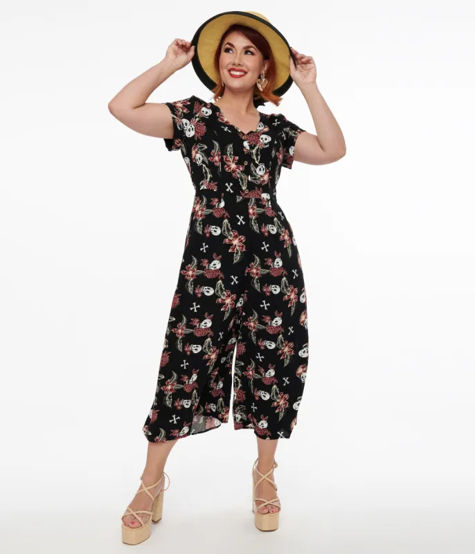 Hell Bunny Black Skull & Bone Print Alani Jumpsuit sold by Unique Vintage