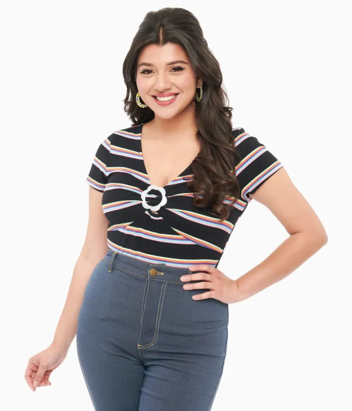 Hell Bunny 1960s Black & Rainbow Stripe Cotton Lyla Top sold by Unique Vintage