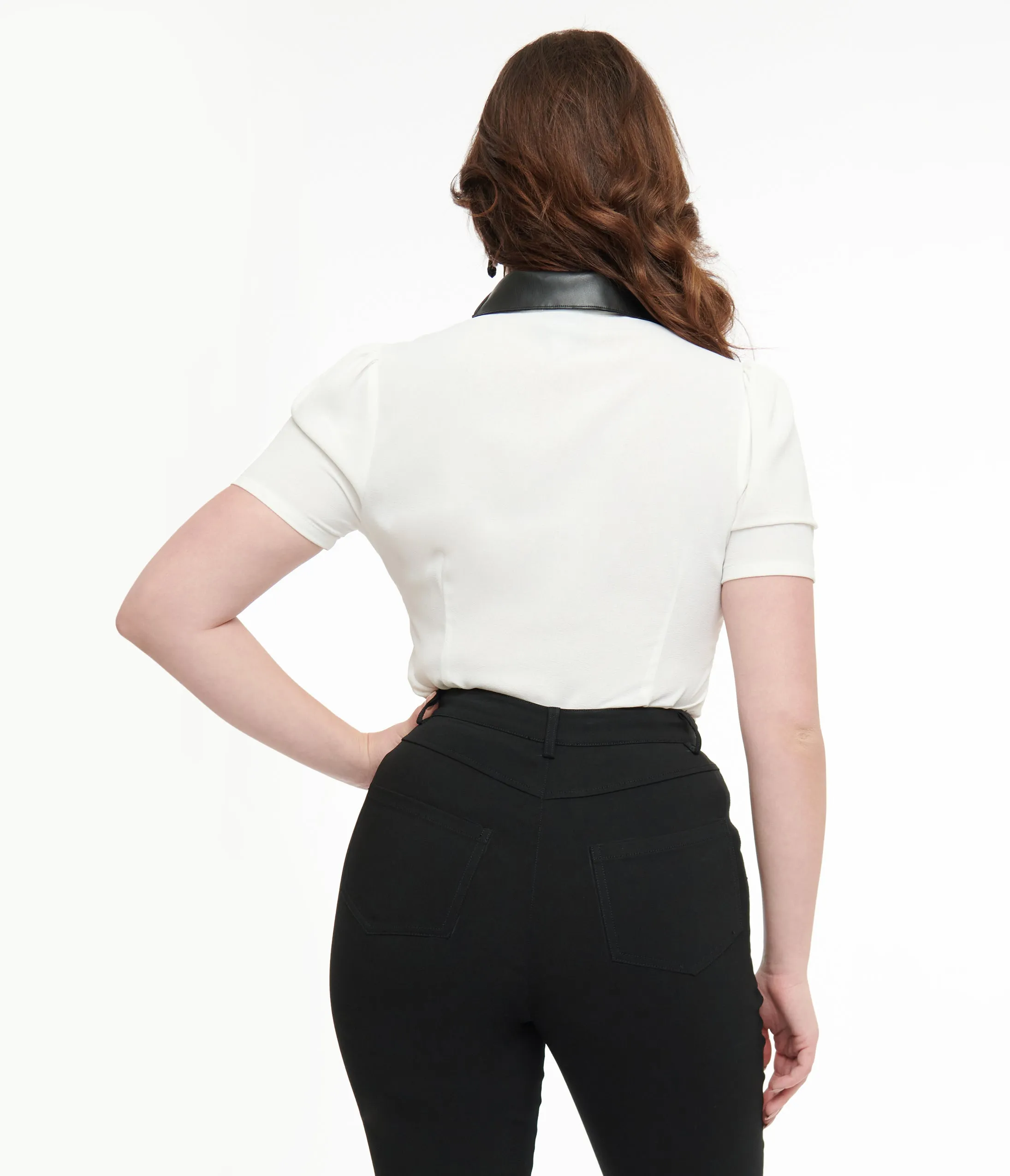 Unique Vintage 1940s White & Black Bat Leather Collar Cotton Blouse sold by Unique Vintage product image thumbnail 2