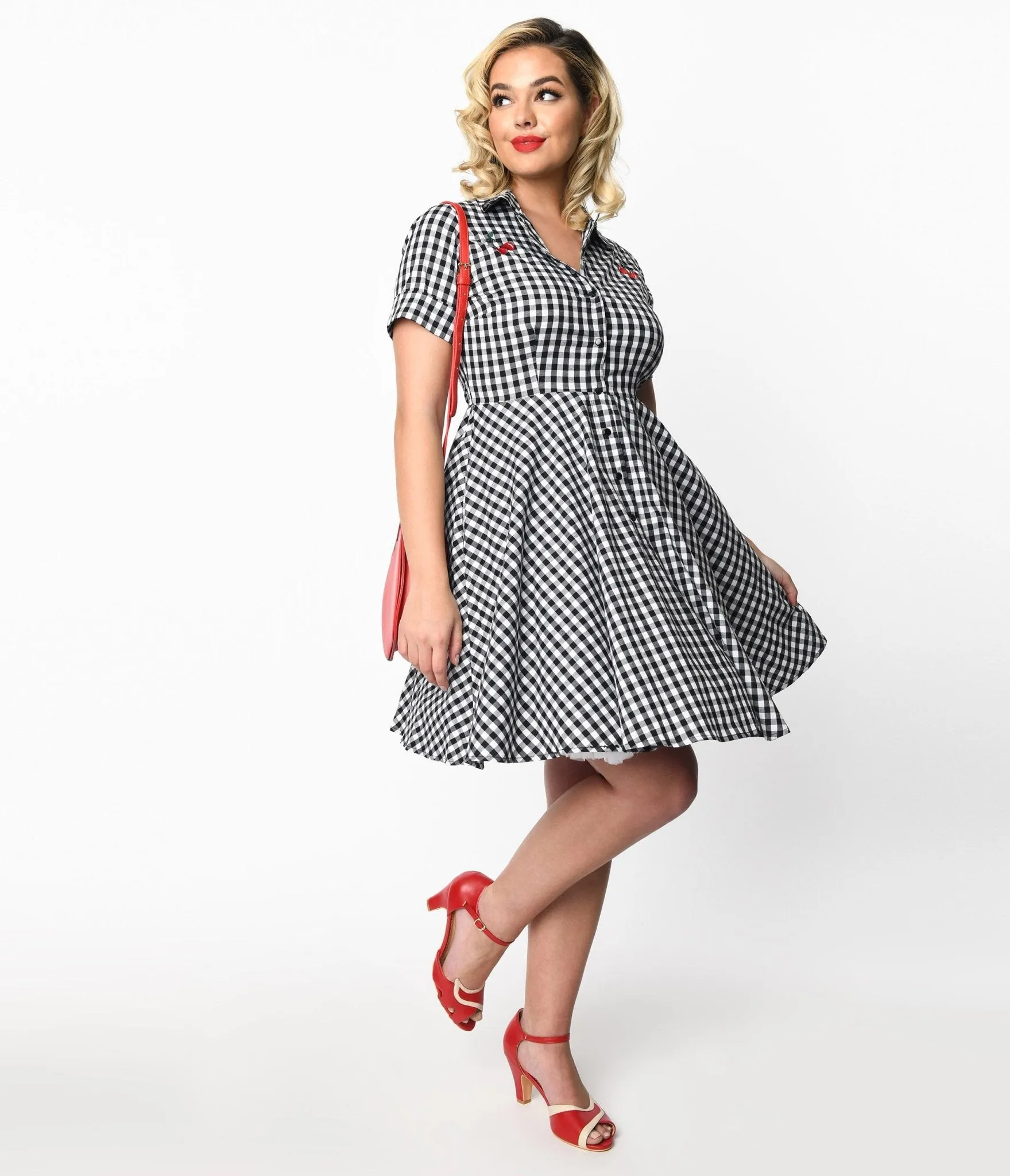 Black & White Gingham Cherry Swing Dress sold by Unique Vintage