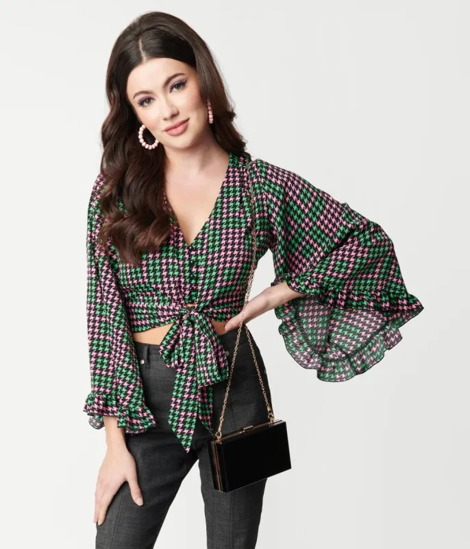 Smak Parlour Pink & Green Houndstooth Belva Crop Blouse sold by Unique Vintage