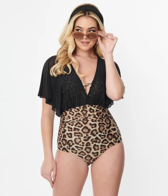 Unique Vintage Leopard & Black Mesh Sleeved Torrey Swimsuit sold by Unique Vintage