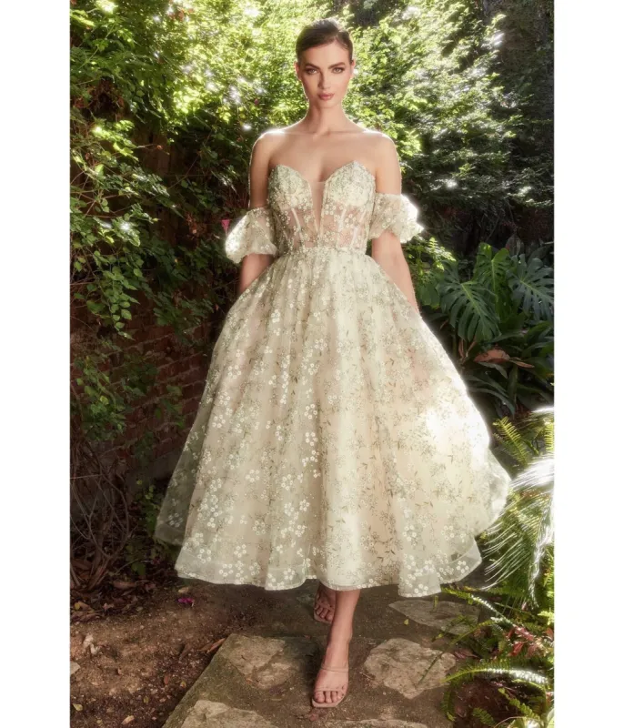 Ladivine by Cinderella Divine Green Romantic Floral Organza Tea Length Bridesmaid Gown sold by Unique Vintage