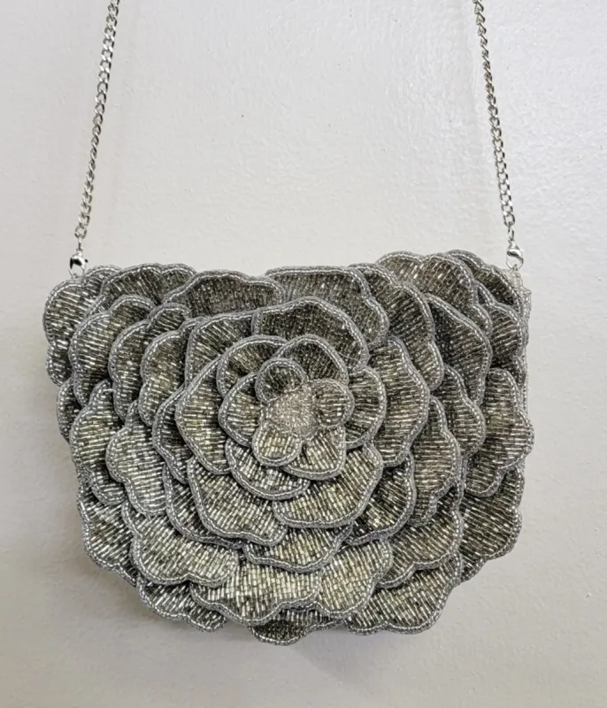 Silver Flower Beaded Crossbody Bag sold by Unique Vintage