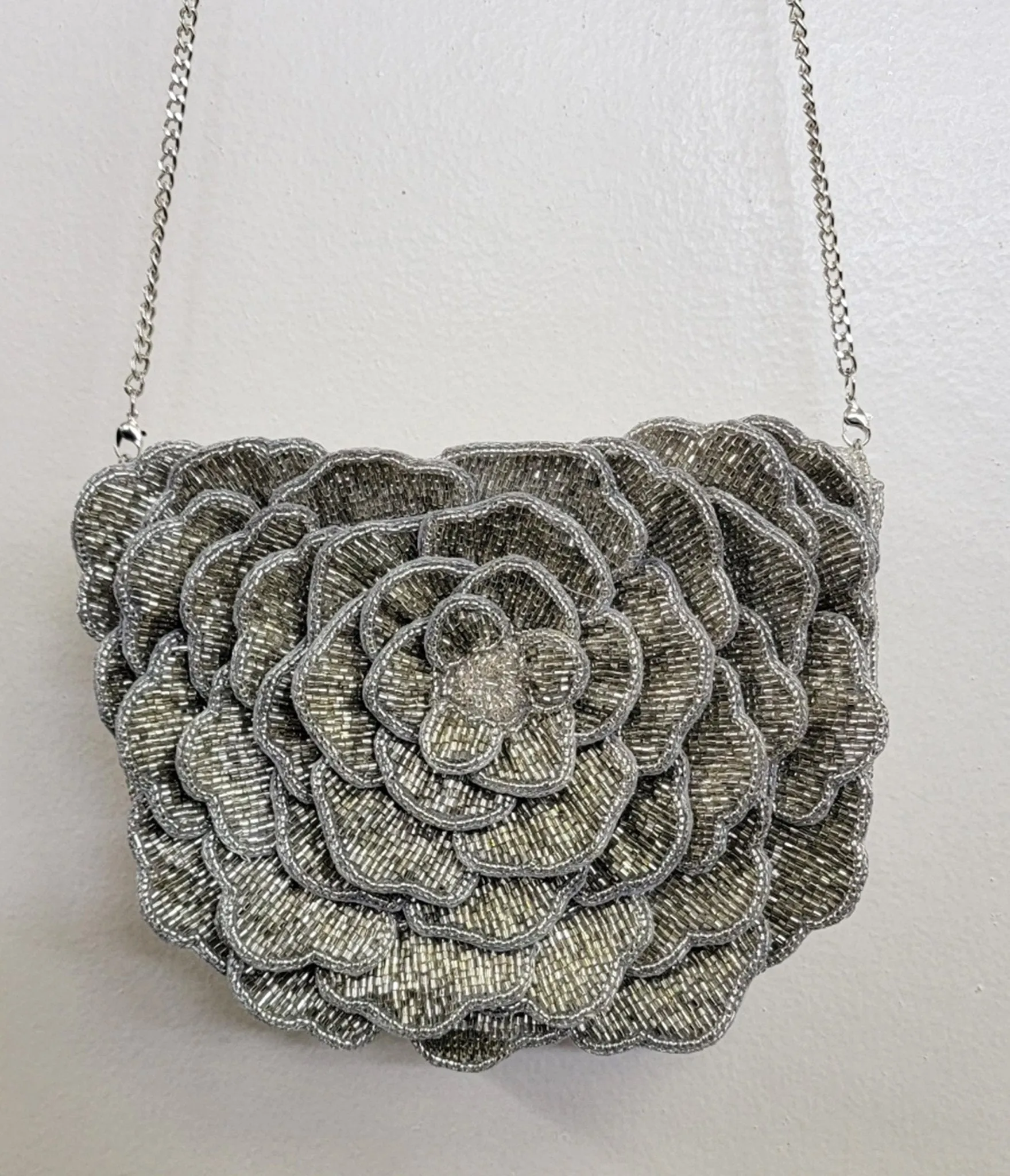Silver Flower Beaded Crossbody Bag sold by Unique Vintage