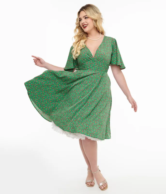 1950s Green & Pink Rose Fit & Flare Dress sold by Unique Vintage