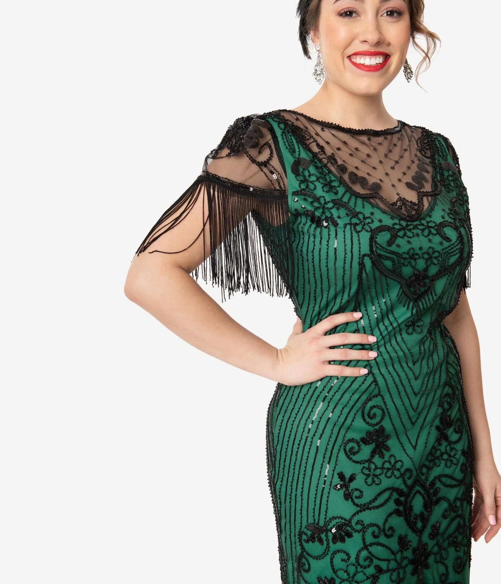 Unique Vintage 1920s Green & Black Beaded Nadine Flapper Dress sold by Unique Vintage product image thumbnail 3