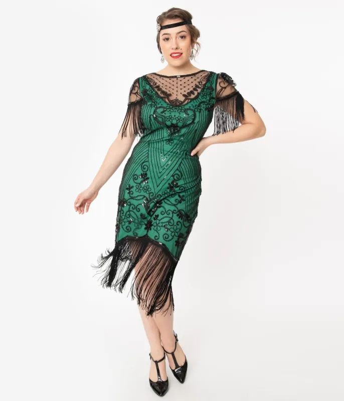 Unique Vintage 1920s Green & Black Beaded Nadine Flapper Dress sold by Unique Vintage